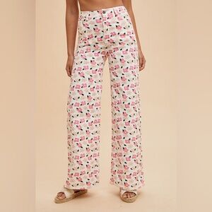 Pink multi stretch floral print barrel straight leg bohemian boho  denim jeans